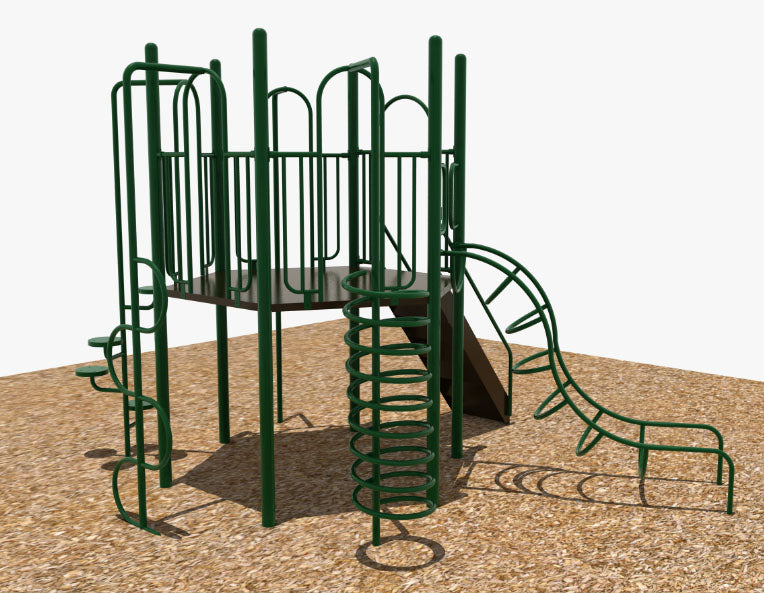 Green outdoor WillyGoat playground climber with hex deck, corkscrew climber, arched U climber, firepole on wood mulch.