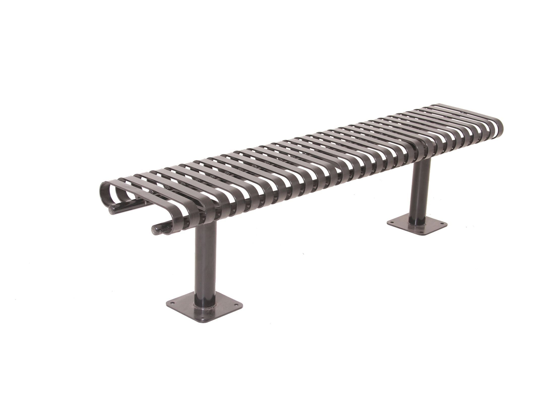Kensington Bench without Back with rolled vertical slats, powder-coated metal, surface-mounted on two legs, modern outdoor seating