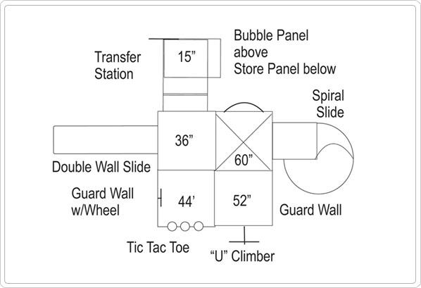 Overhead view of modular playground with spiral slide, double wall slide, bubble panel, tic tac toe, and U climber