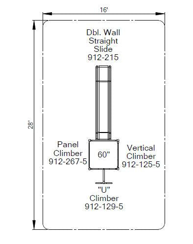 Overhead view of playground climber with double wall slide, panel climber, vertical climber, and U-shaped climber