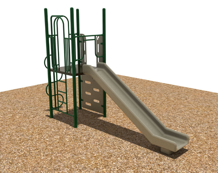 Outdoor playground climber with green metal frame, climbing wall, ladder, and beige slide on wood chip ground