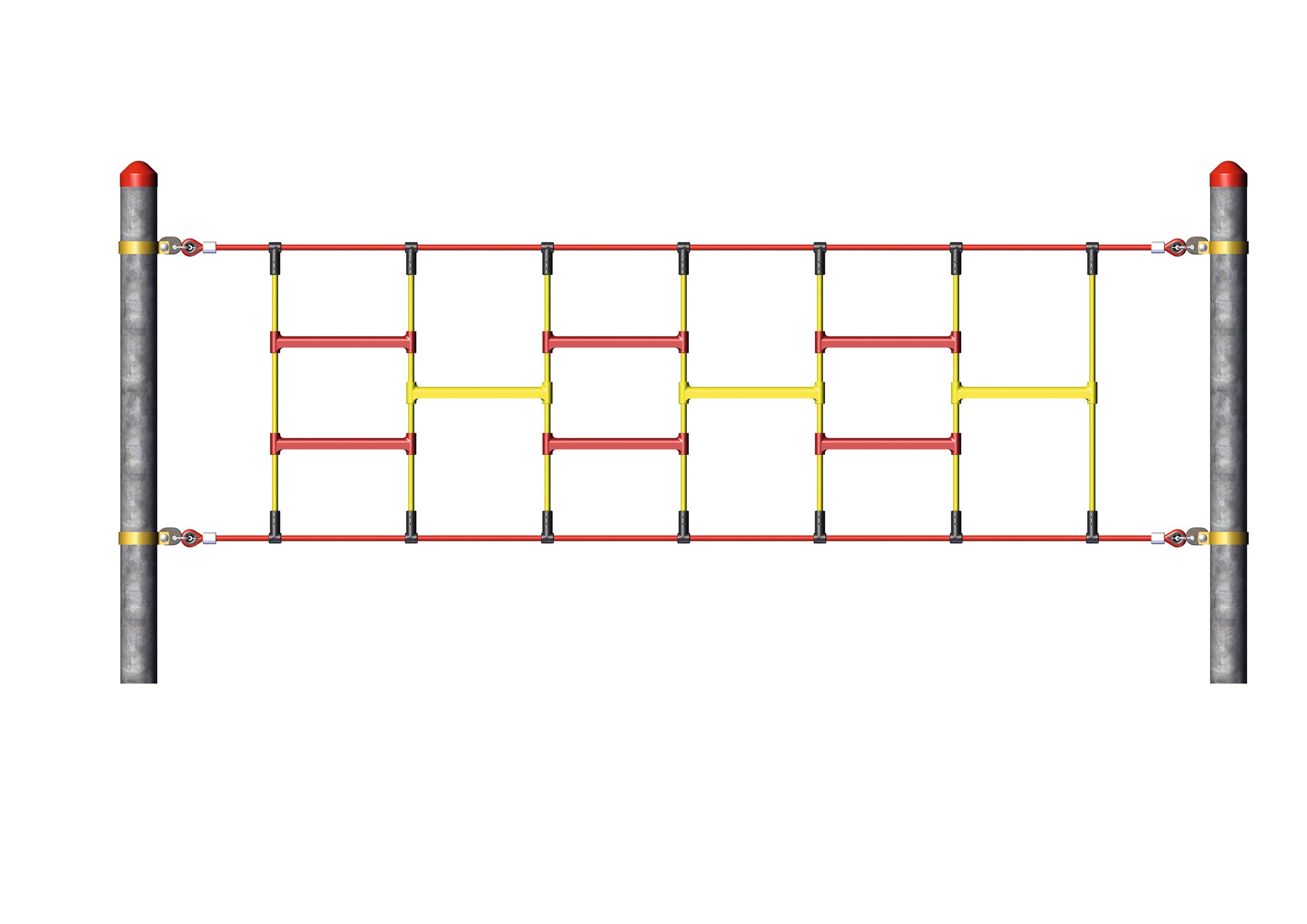 Climbing Rungs playground equipment with red and yellow steel rungs suspended between two gray posts for active play and coordination development