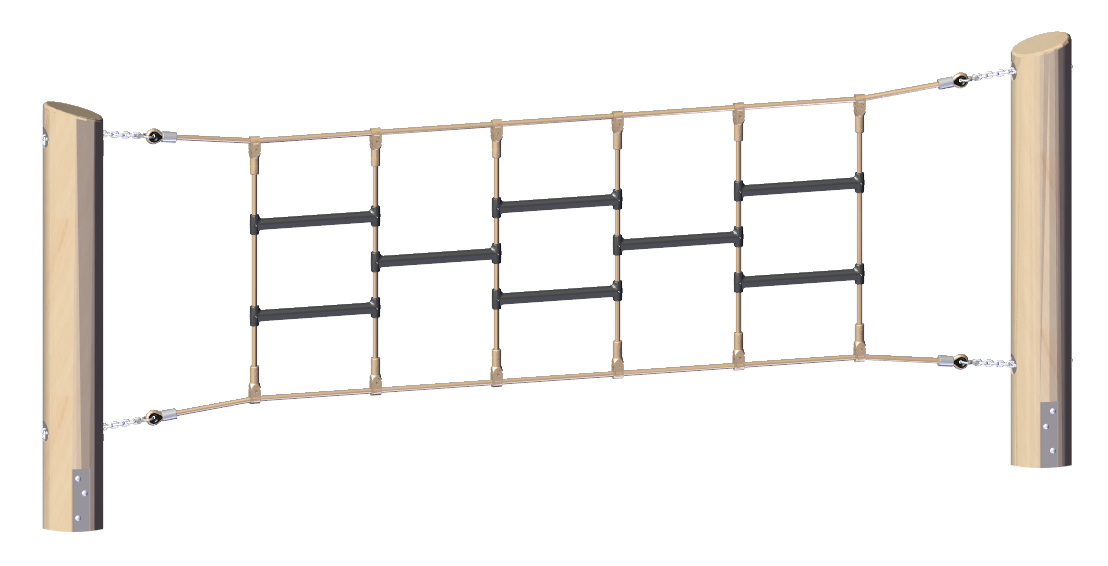 Wooden posts with black horizontal climbing rungs connected by ropes for balance and coordination on a playground structure