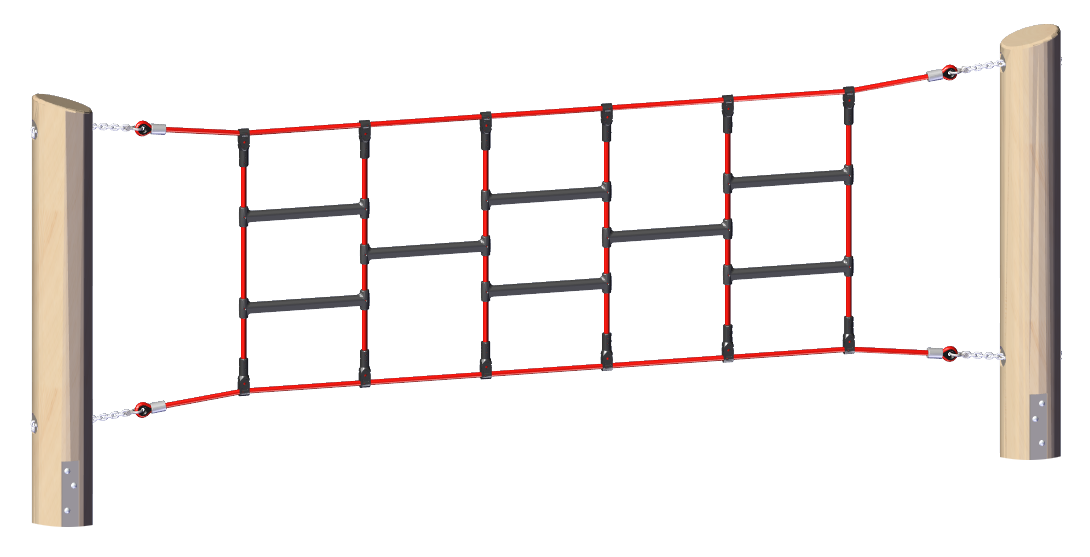Playground climbing net with black wooden rungs and red ropes suspended between two vertical wooden posts