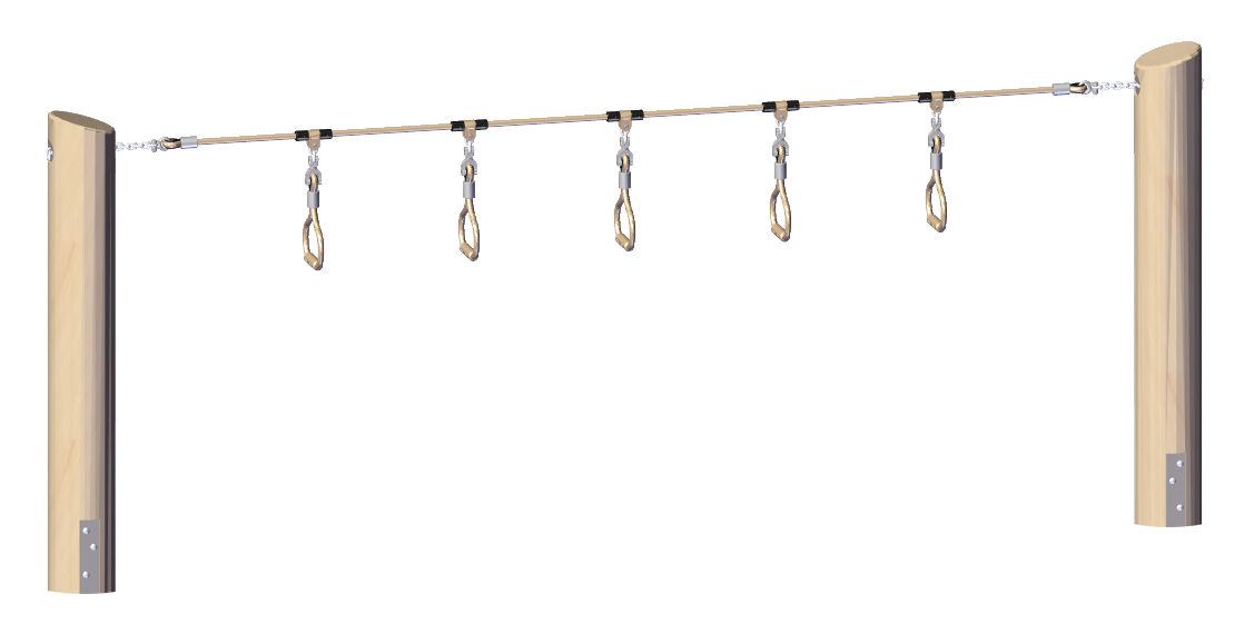 Wooden playground climbing structure with six hanging loop grips suspended from a horizontal bar for active play and motor skill development