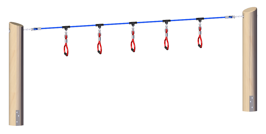 Outdoor climbing equipment with wooden posts, blue horizontal bar, and five red hanging loops for gripping and climbing.