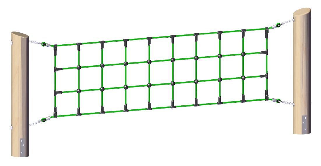 Green square rope climbing net suspended between two vertical wooden posts for playground motor skill development