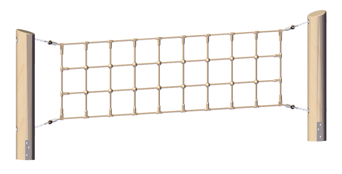 Rectangular wooden climbing net with rope grid for playground balance, coordination, and motor skill development