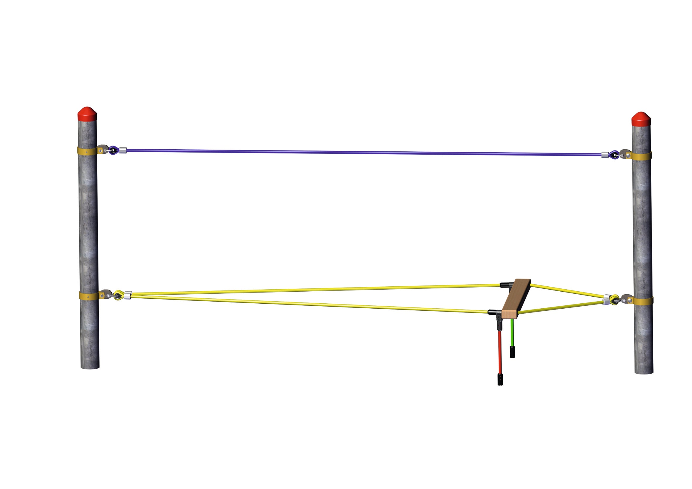 Balancing Rope playground equipment with steel posts, yellow and purple ropes, and wooden plank for climbing and coordination development
