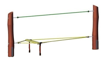 Playground balancing rope suspended between wooden posts with flat platform and hanging climbing straps