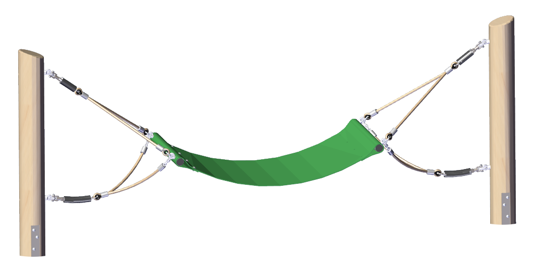Green rubber hammock suspended between wooden posts with metal and rope supports for playground climbing and balance play.