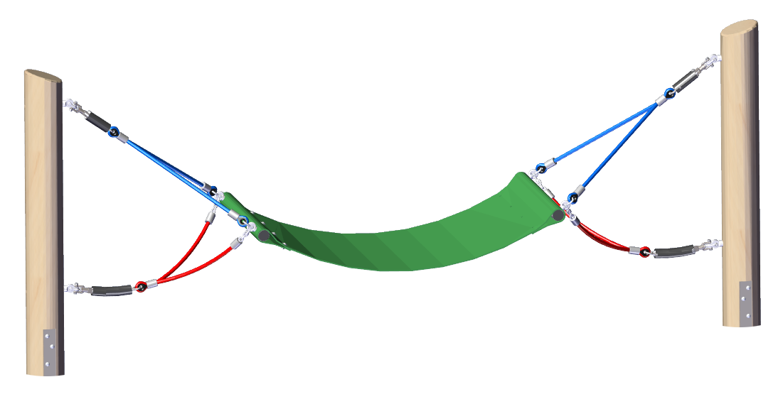 Green rubber hammock suspended between wooden posts with blue and red tension cables and metal connectors for climbing play