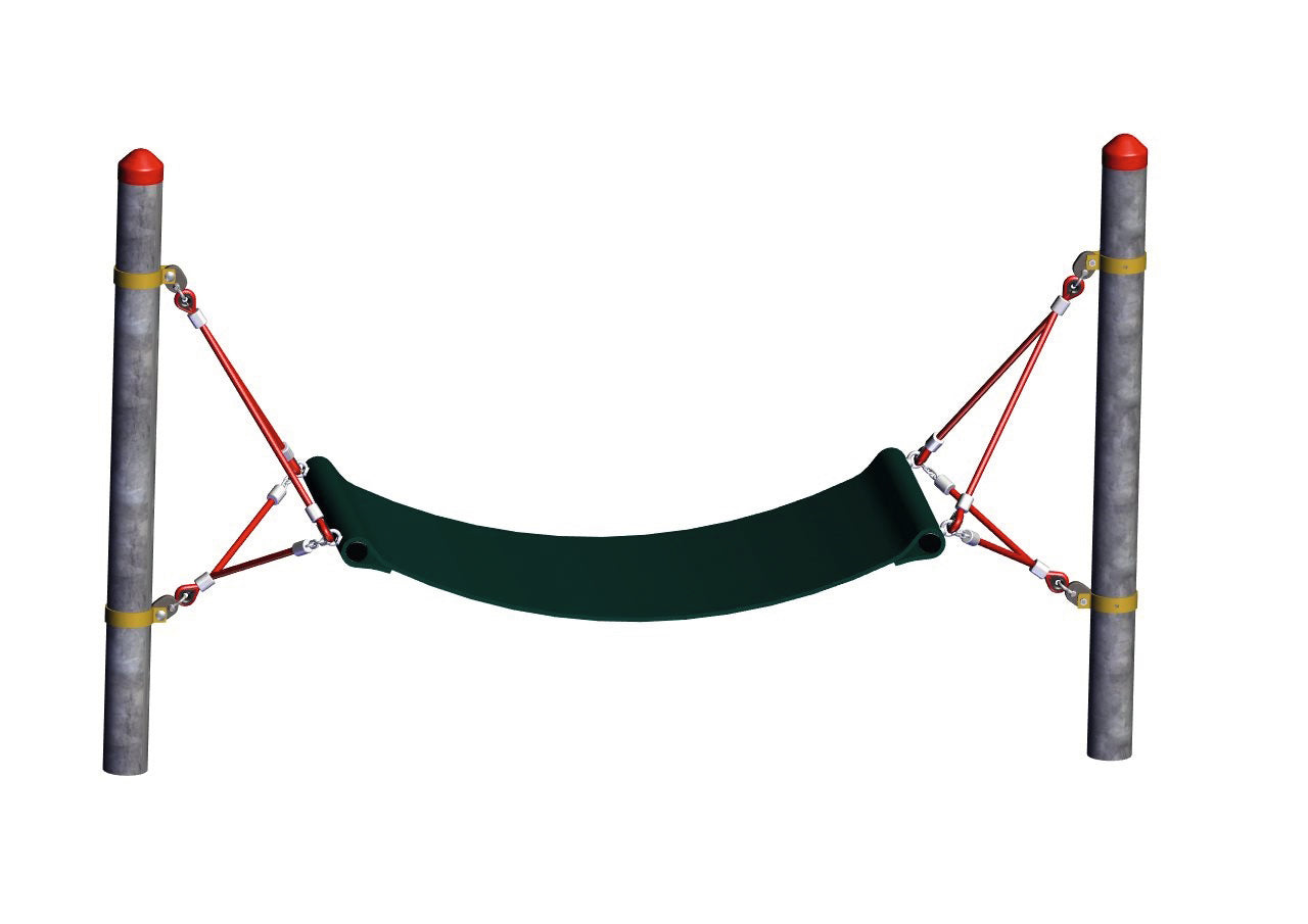 Rubber Hammock playground equipment with green rubber hammock suspended by red ropes between two steel posts with red caps, climbing equipment.