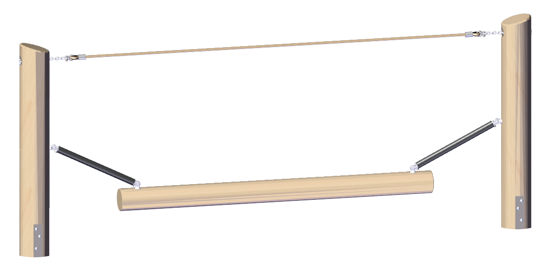 Outdoor wooden wobble beam balance equipment with suspension cables and metal supports for dynamic play