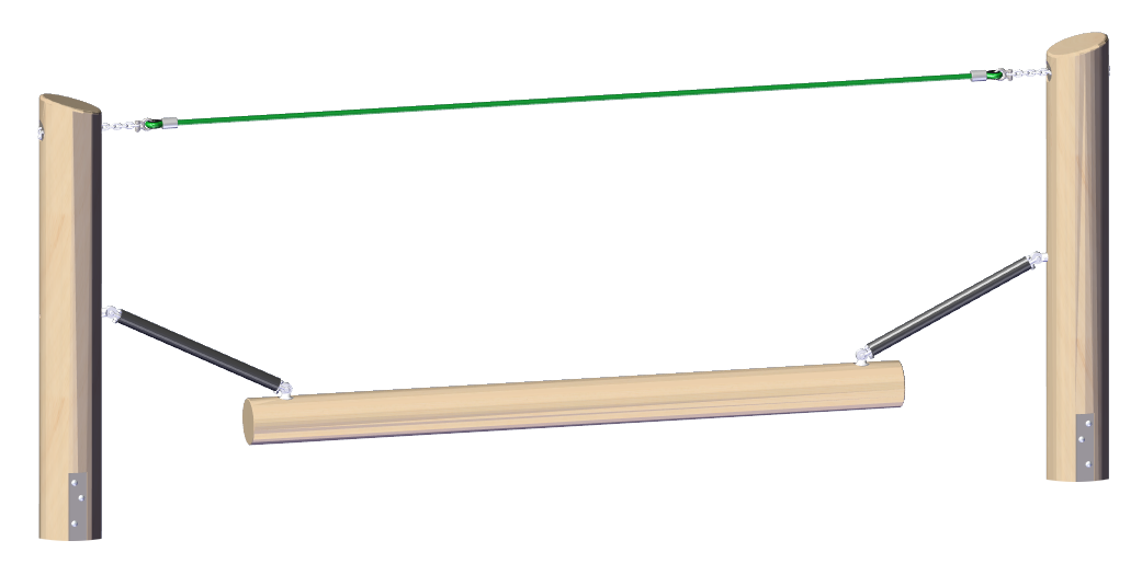 Outdoor wooden balance beam suspended between posts with tension cables and metal supports for climbing play.