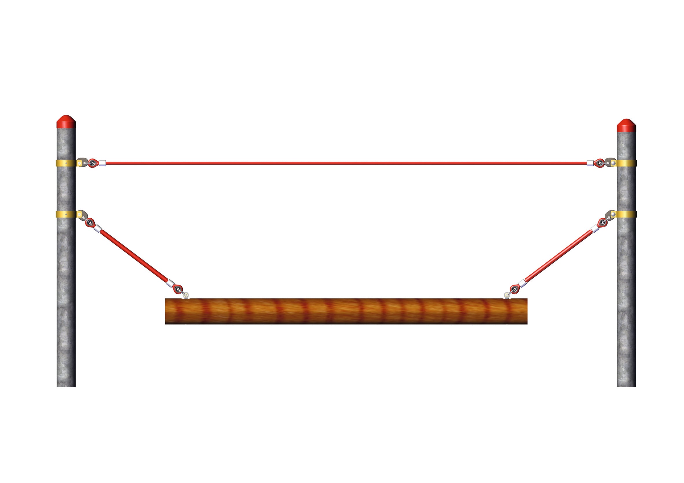 Wobble Beam outdoor balance beam with wooden plank suspended by red steel cables between two metal posts for climbing and coordination play