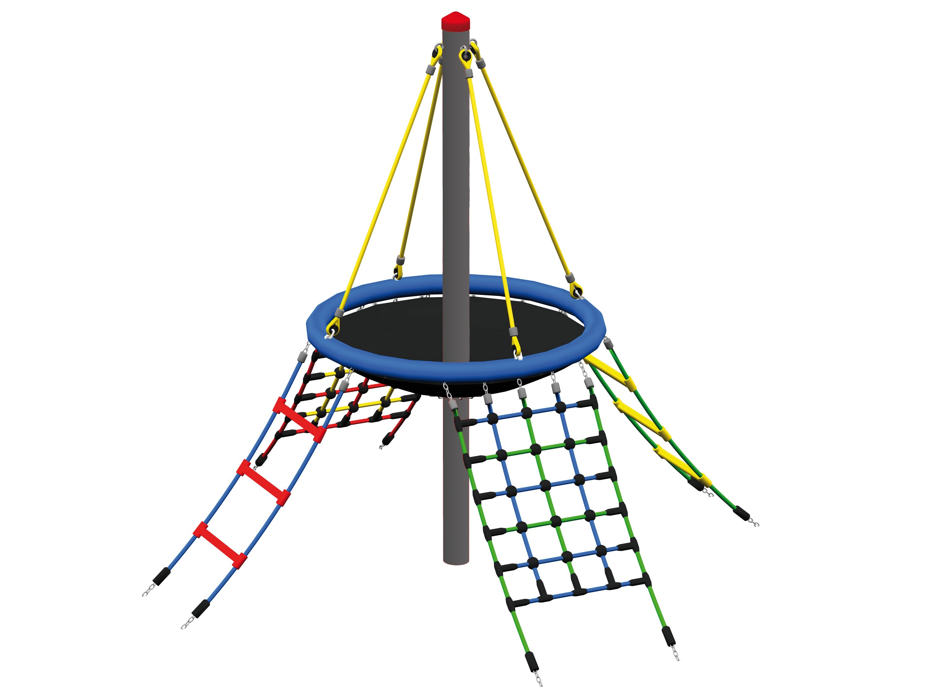 Bird's Nest Mini Tree climbing equipment with circular nest platform, colorful rope ladders, and central support pole