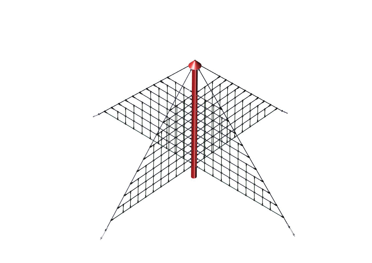 Three-dimensional outdoor climbing pyramid with black Netform™ ropes and a central red pole for active play and dexterity development