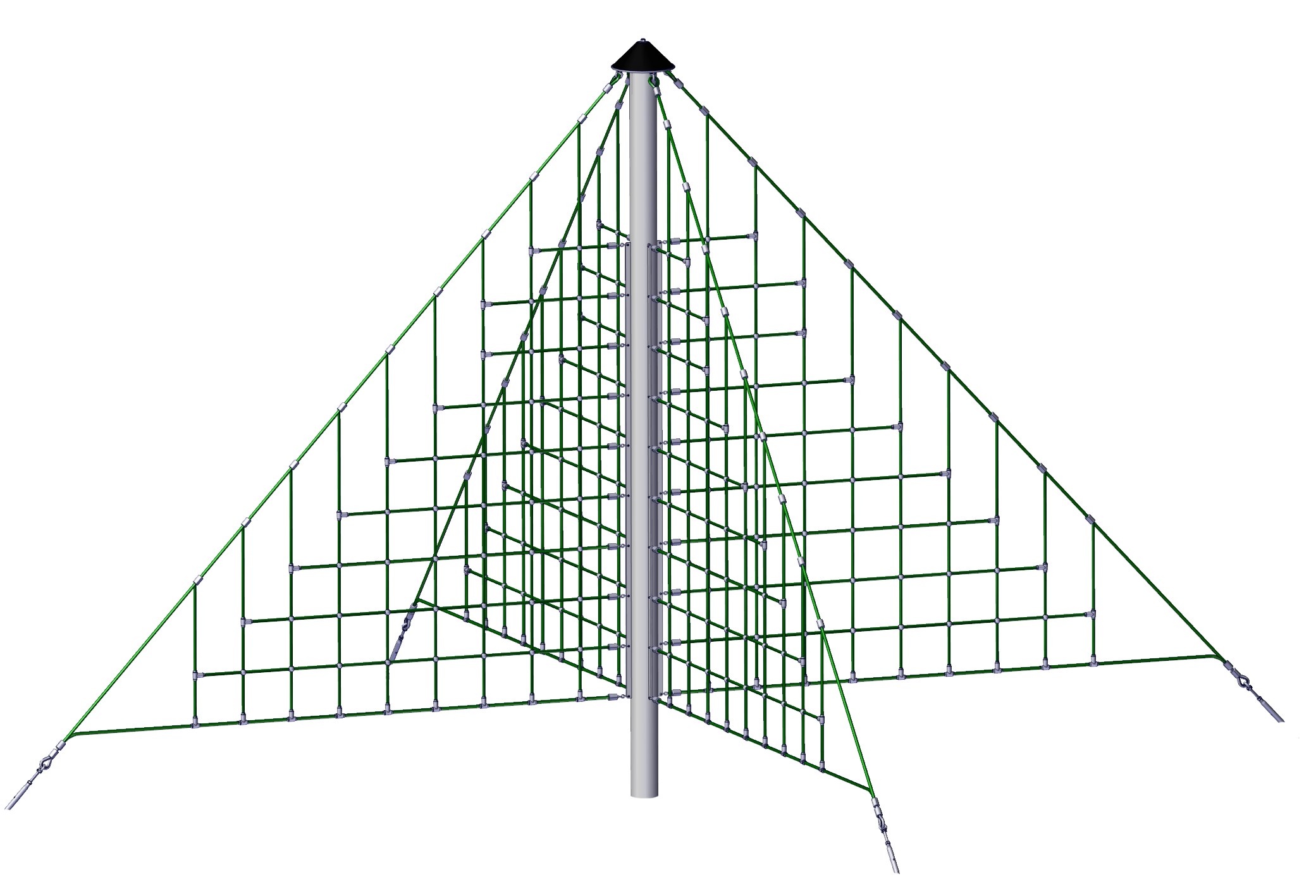 X-Pyramid climbing equipment with green Netform™ rope netting and central metal pole for outdoor play structures