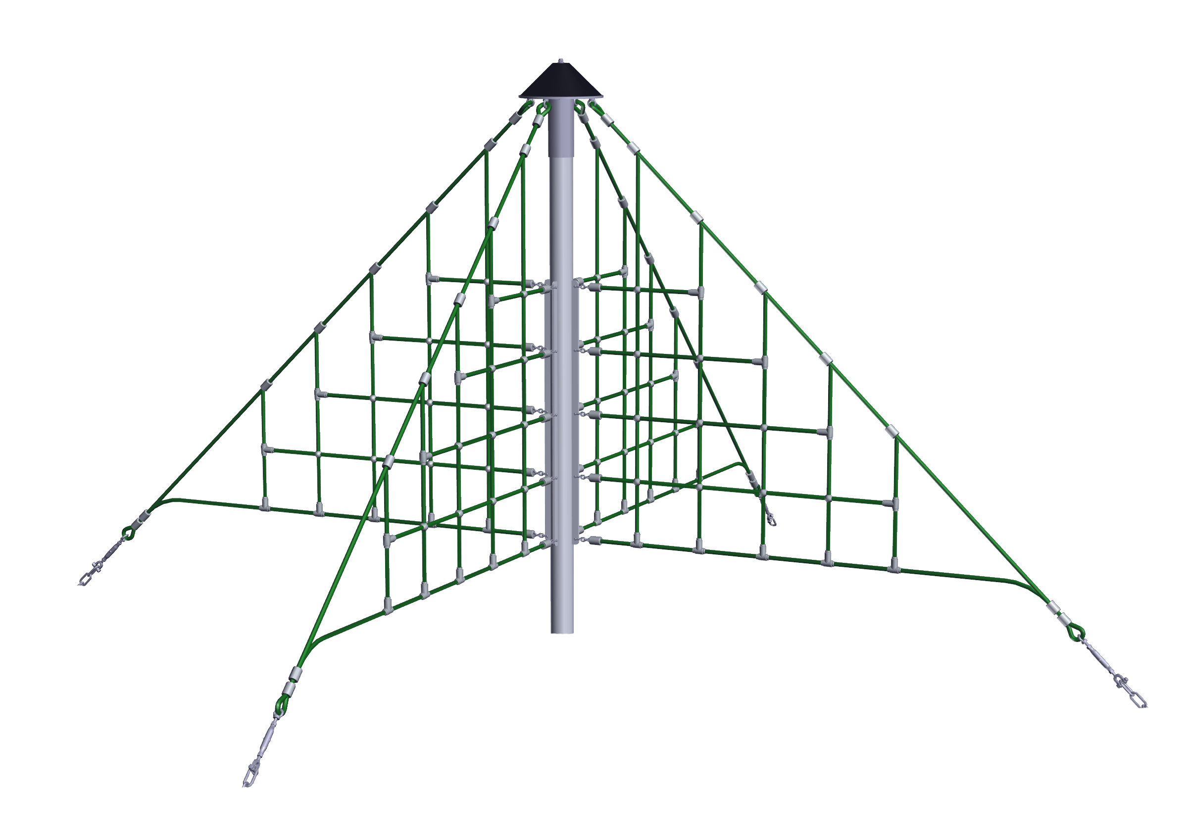 Mini X-Pyramid climbing equipment with green rope netting forming two perpendicular planes around a central metal pole