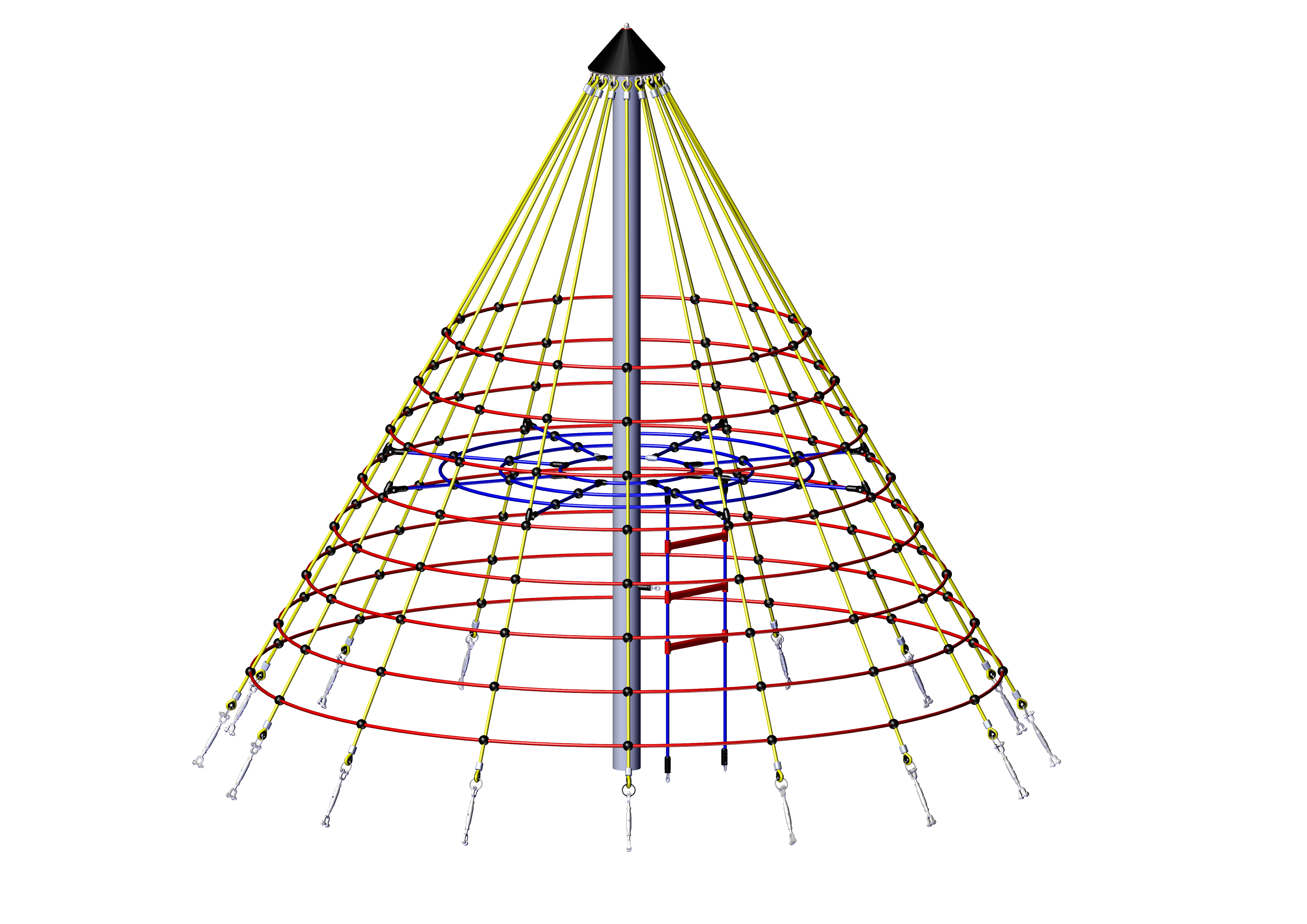 Conical climbing structure with yellow vertical ropes and red horizontal rings anchored to a central pole