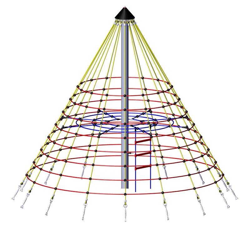 Conical outdoor climbing structure with yellow vertical ropes, red horizontal rings, and central gray pole for active play and exploration