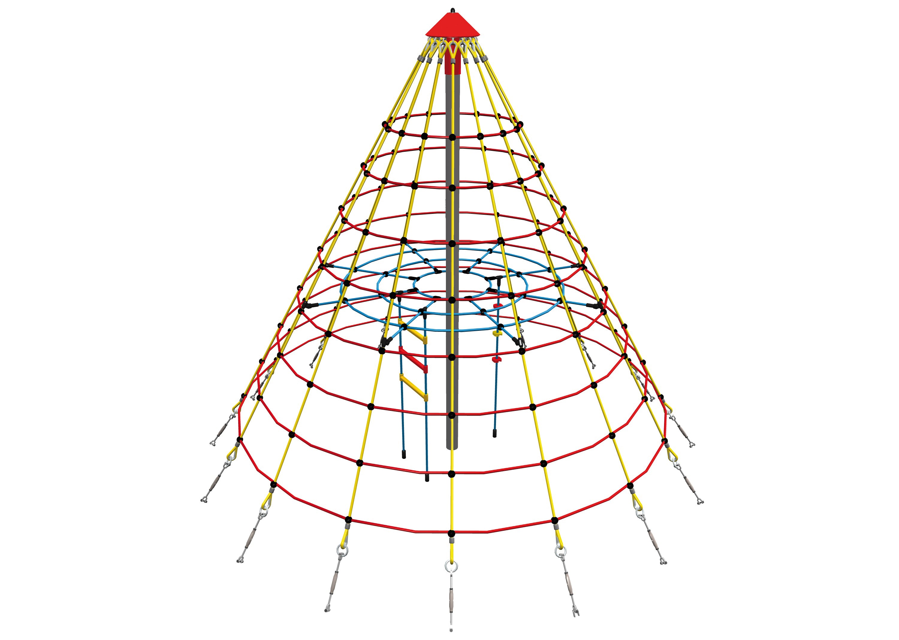 The Great Pyramid climbing structure with red, yellow, and blue ropes forming a conical play net for physical and cognitive development