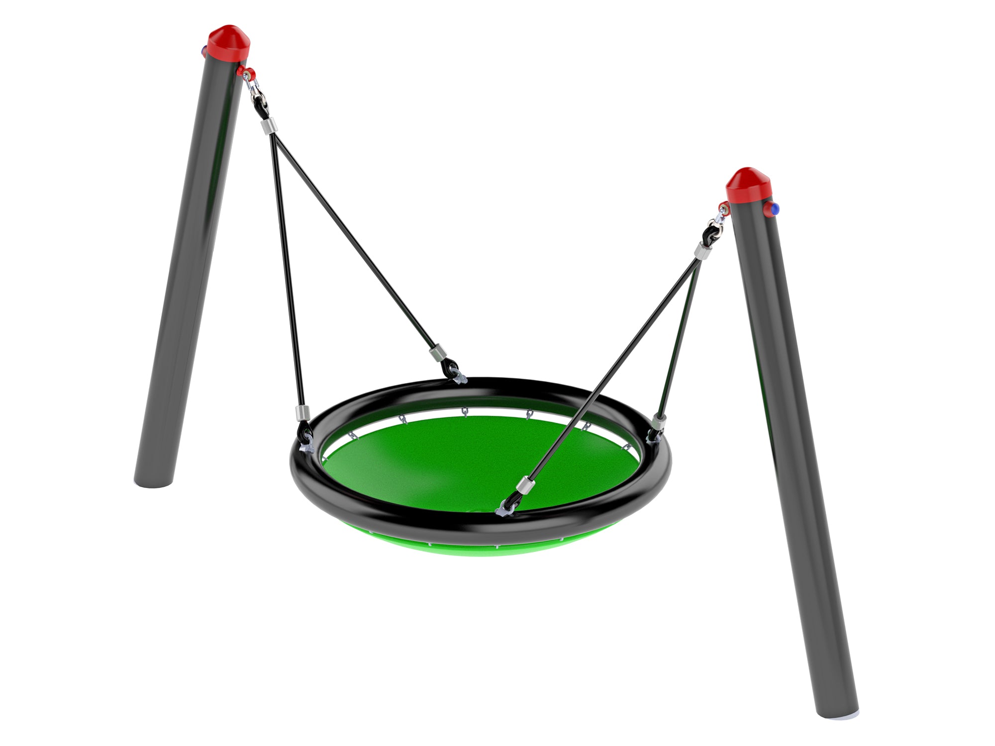 Bird's Nest Mini Cradle swing with green nest seat, black frame, and red-topped gray support posts