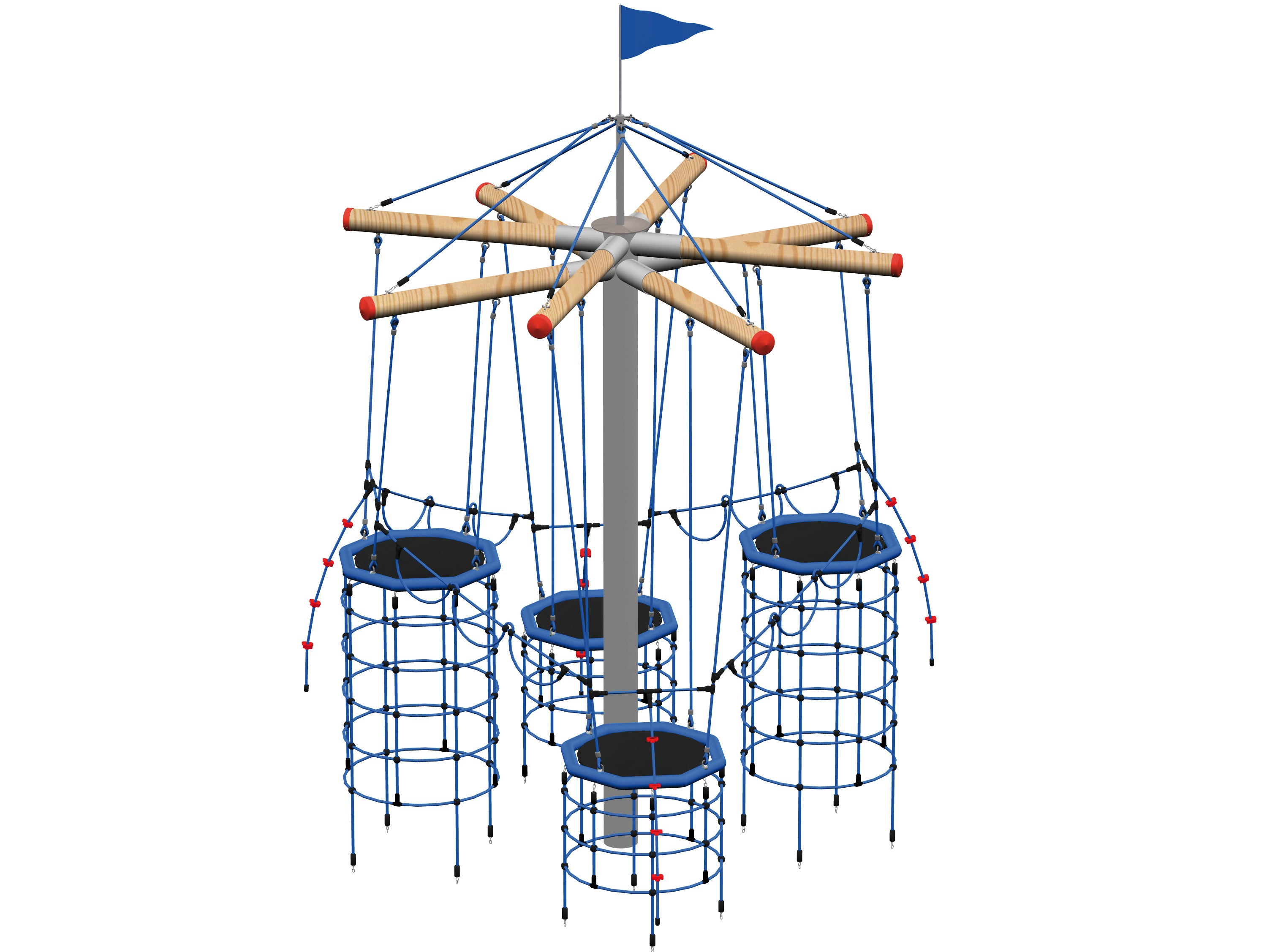 Bird's Nest Tree playground climbing equipment with suspended rope nets, wooden beams, and a blue flag atop the structure