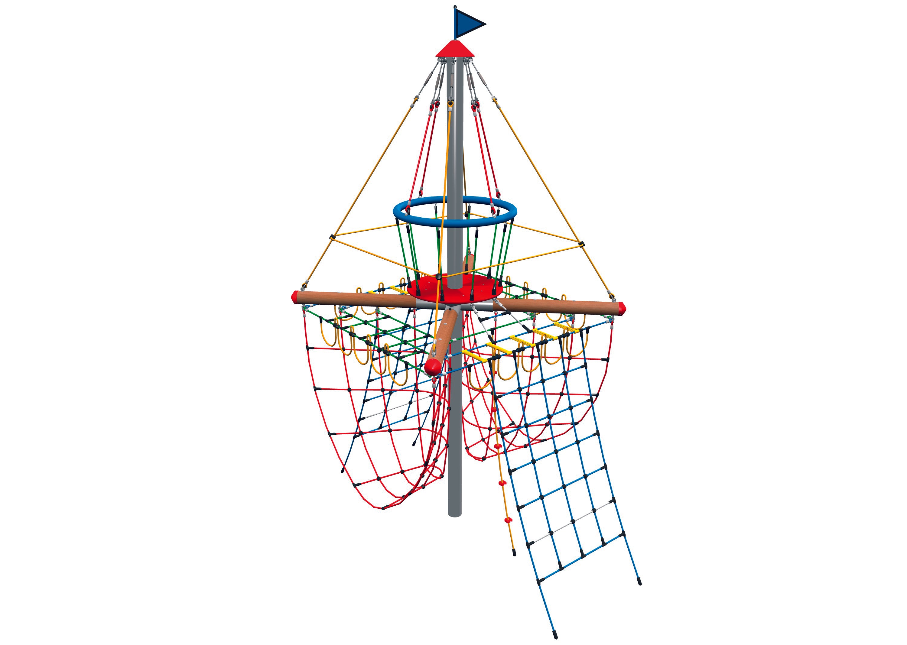Pirate's Tower climbing equipment with colorful rope nets, central mast, and blue flag for playground adventure and active play