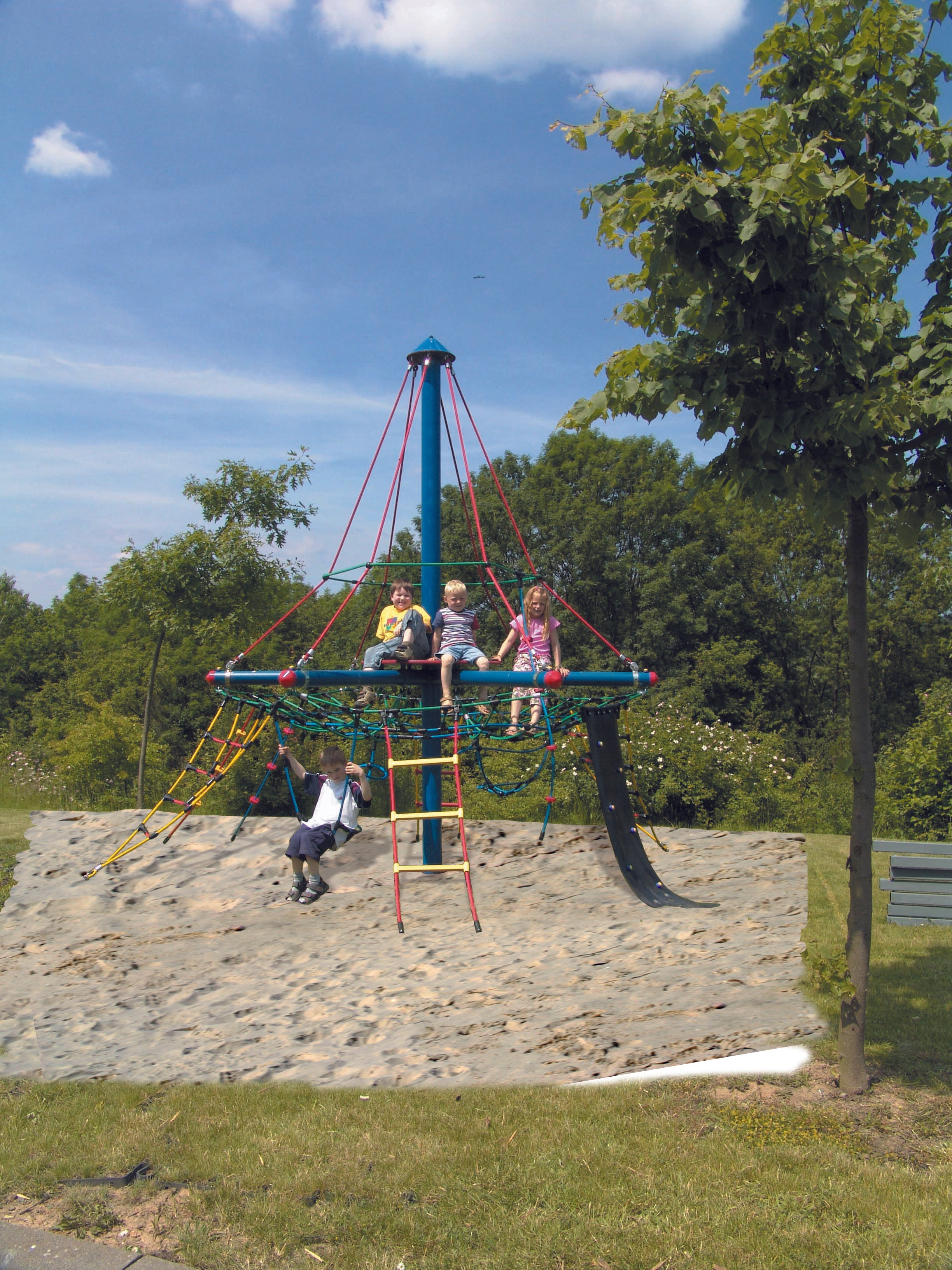Compact pirate-themed climbing playset with ropes, ladders, and slide, children playing outdoors on sunny day