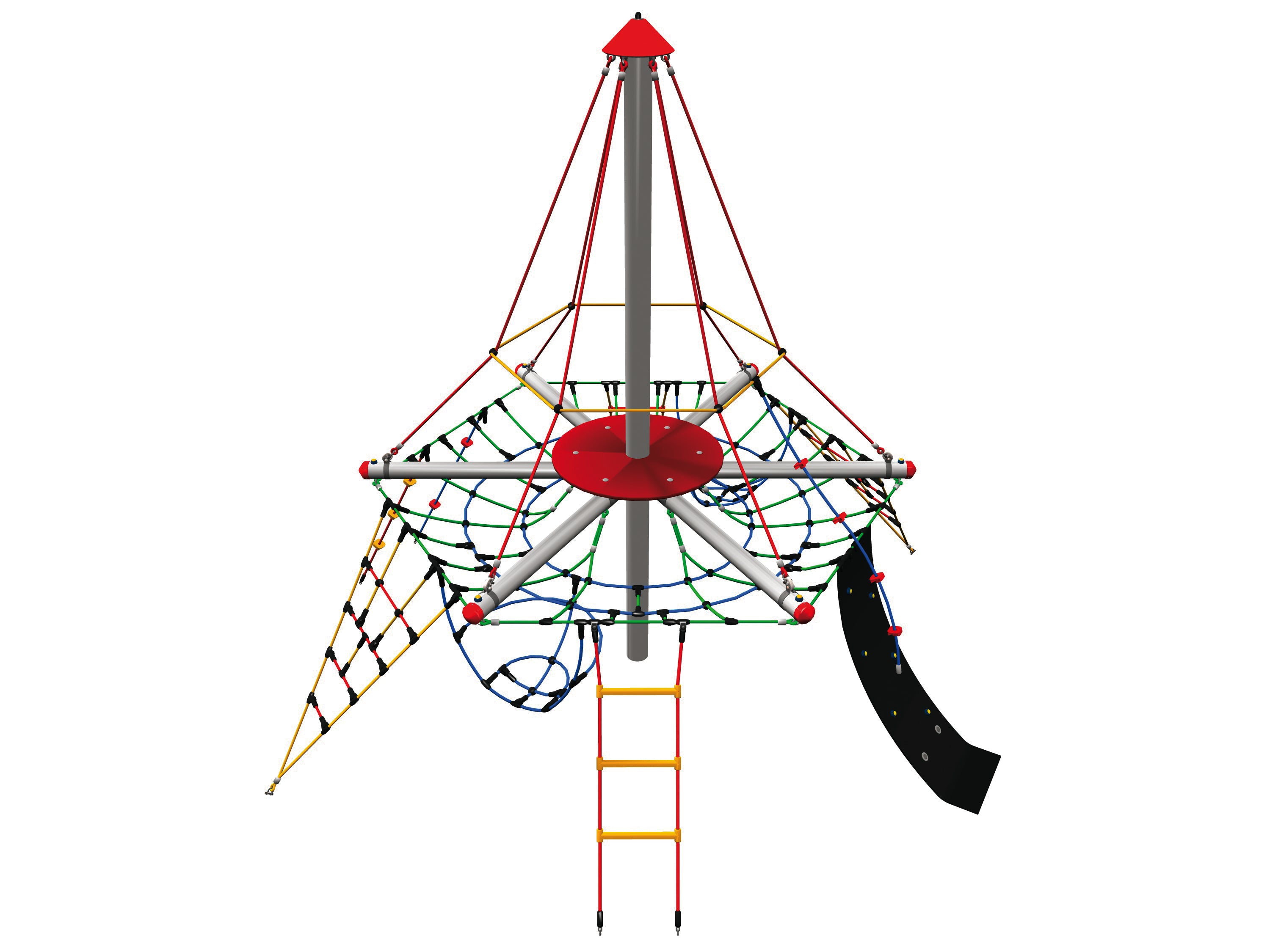 Pirate's Tower Mini climbing equipment with red and yellow rope ladder, black climbing wall, and multicolored net structure