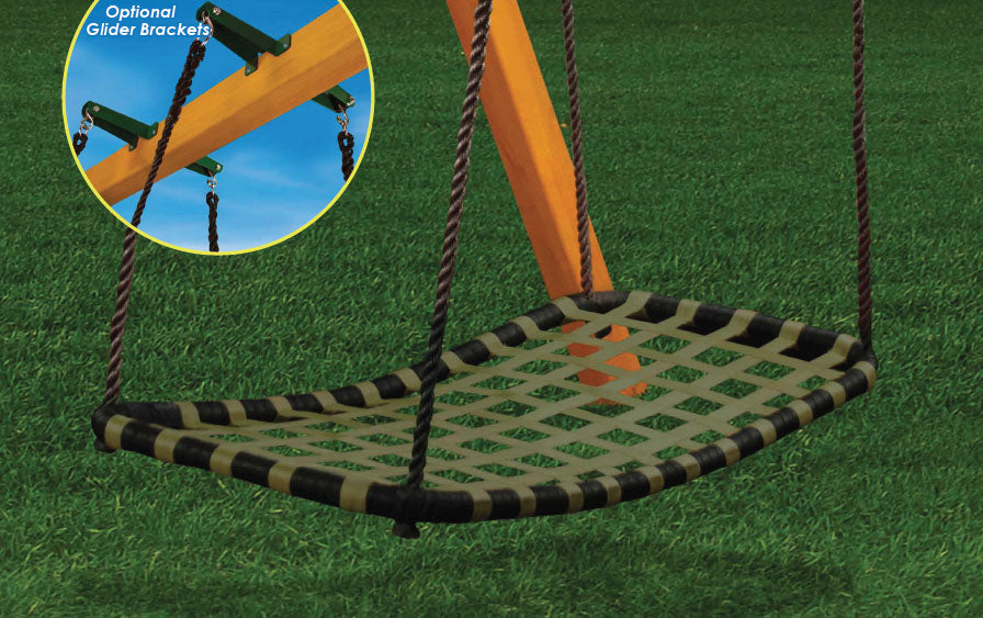 Chill 'N Swing woven strap swing with heavy-duty frame on green grass, designed for standard swing sets and optional glider brackets