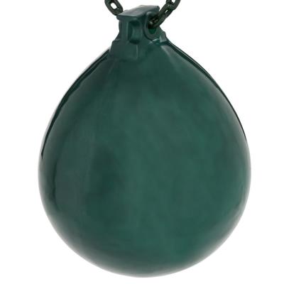 Dark green inflatable buoy ball swing with trapeze bar and attached green chain for playground use