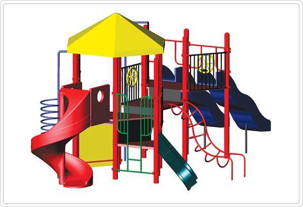 Colorful modular playground with spiral slide, double wave slides, climbing ladders, rock wall, and yellow canopy roof.