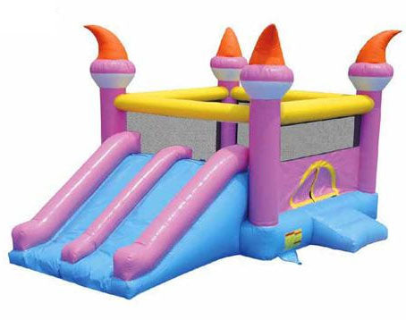 Purple and blue inflatable bounce house with dual slides and orange flame-shaped pillars on top