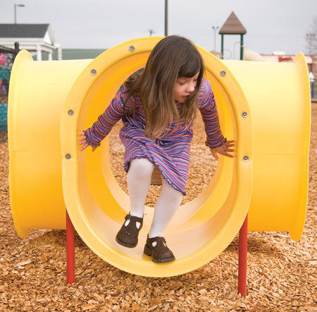 4-Way Fun Crawl TubeClimbing Tunnels with yellow climbing tube and child playing outdoors on wood chip ground