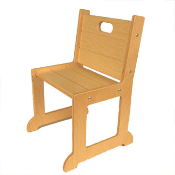 Natural wood children's chair with slatted seat and backrest, featuring a handle cutout in the back panel