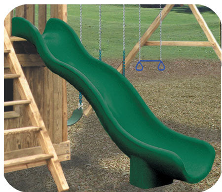Green double wall rotomolded wave slide with solid base attached to wooden playset deck near swings