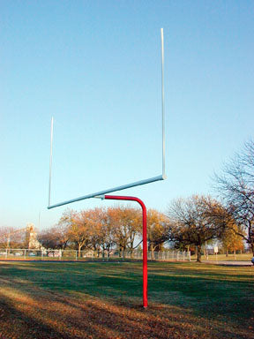 Single Post Pitch Fork Field Goal Pair with red bent galvanized steel support and white uprights on grassy football field under clear sky
