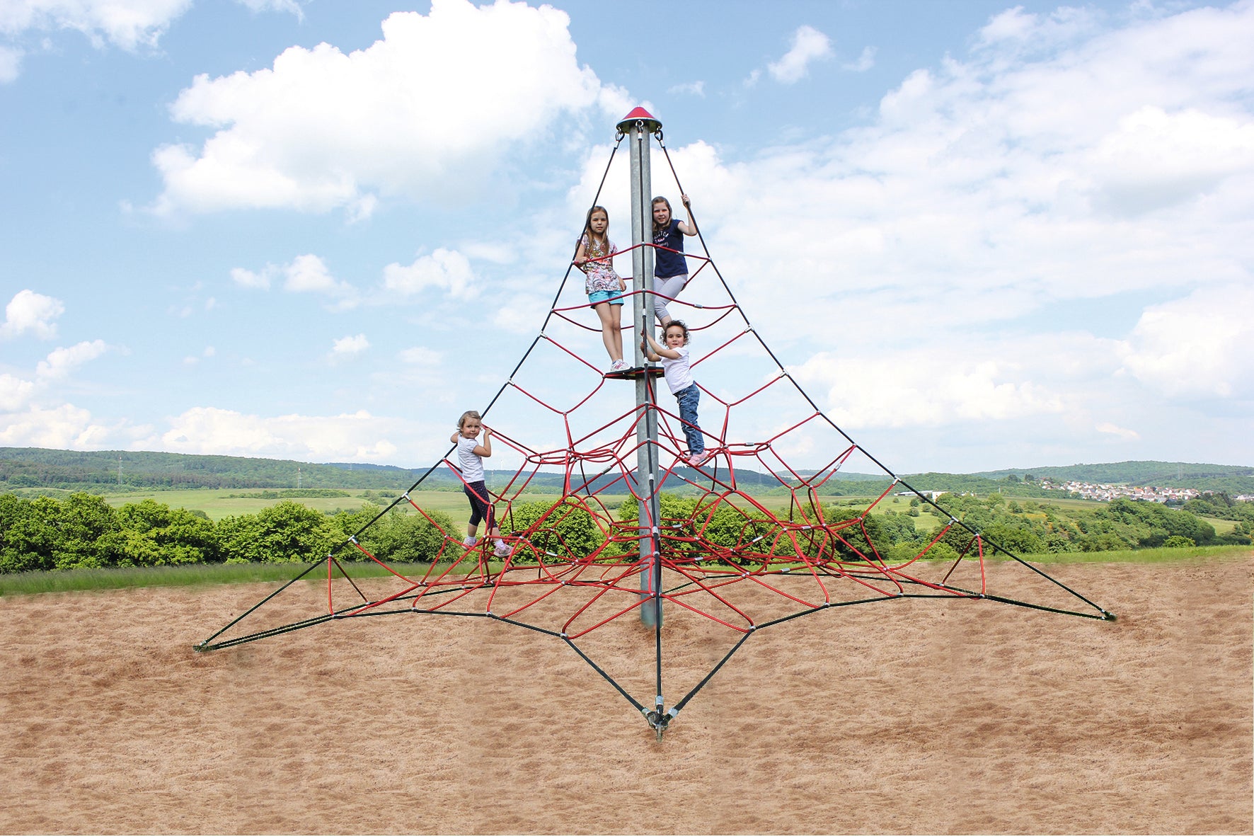 Outdoor climbing structure with red and black rope mesh, four legs, and children on multi-directional grips