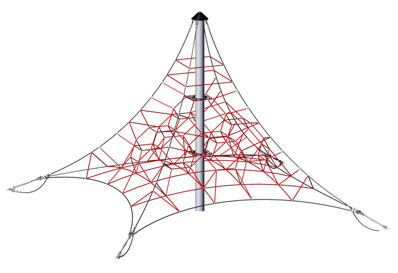 Spider Climber with red multi-directional climbing ropes and central support pole, colorful mesh net play structure for dynamic playground climbing