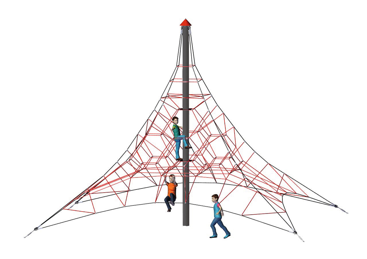 Multi-level rope climbing structure with red and black nets and three children playing on and around it
