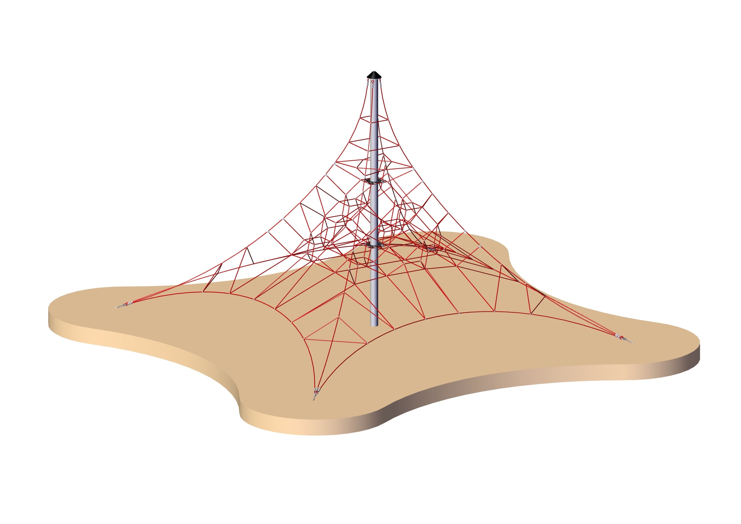 Playground climbing structure with red multi-directional rope netting anchored to a central pole on a tan safety surface