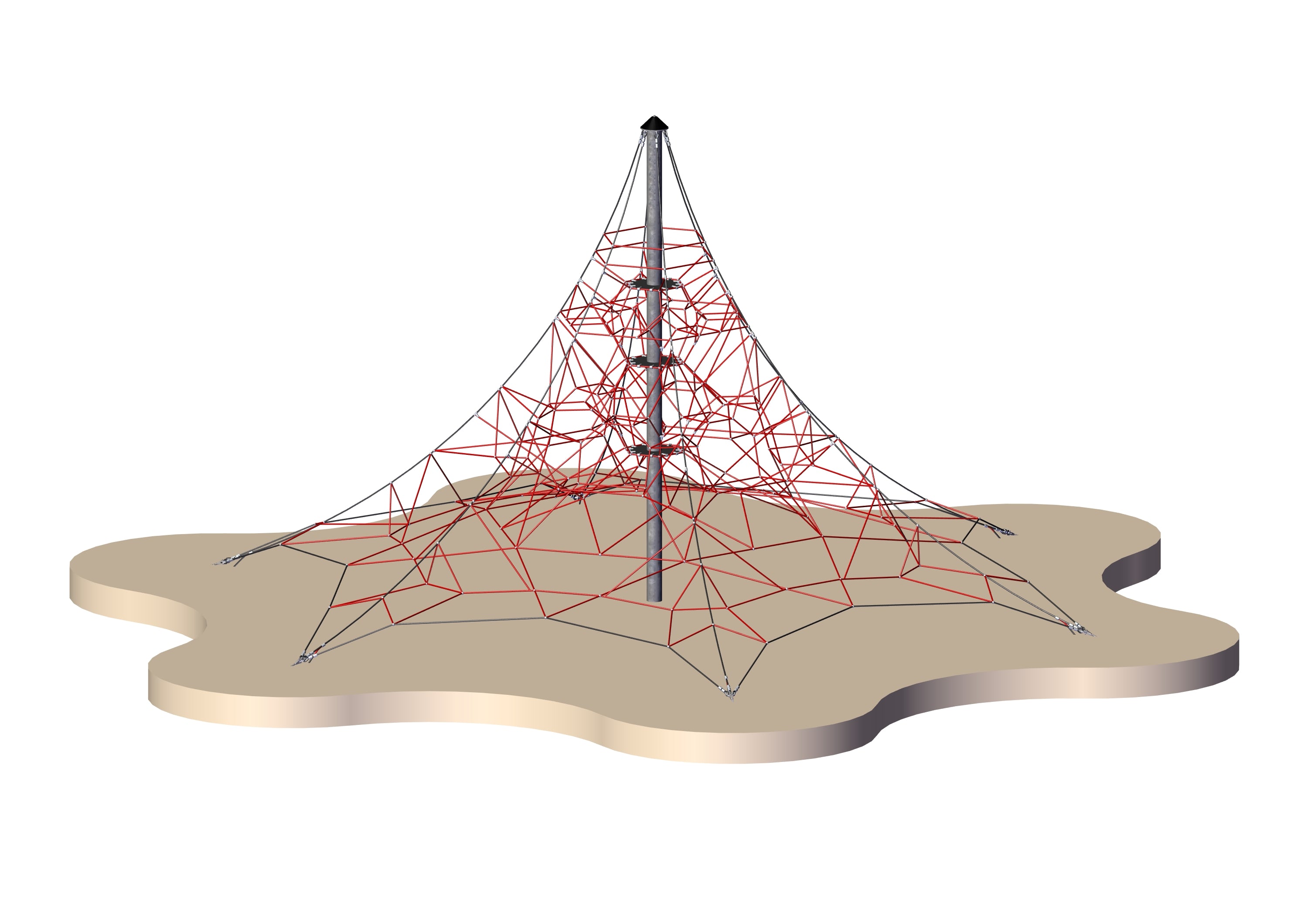 Multi-legged climbing structure with red and black interconnected ropes and central metal pole on shaped base