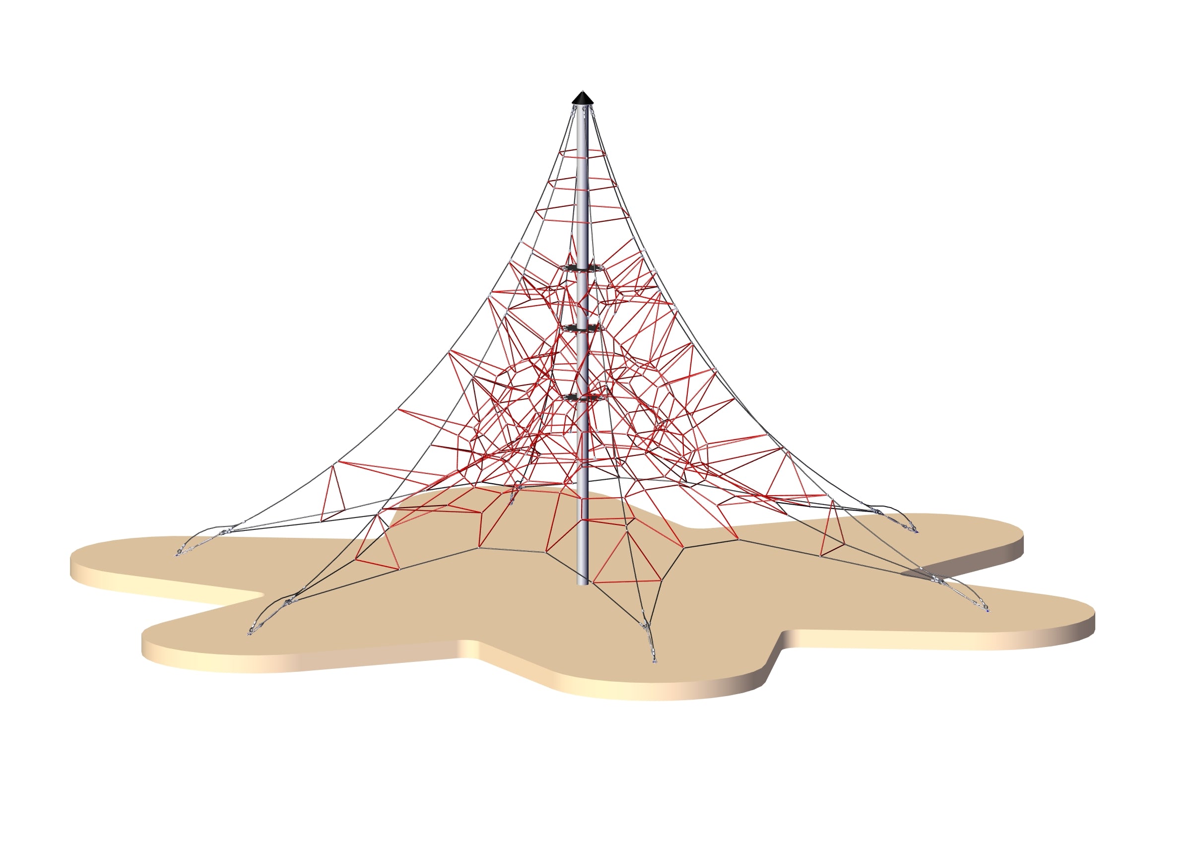 Playground spider climber with red and black multi-directional ropes anchored to central pole on tan safety surface
