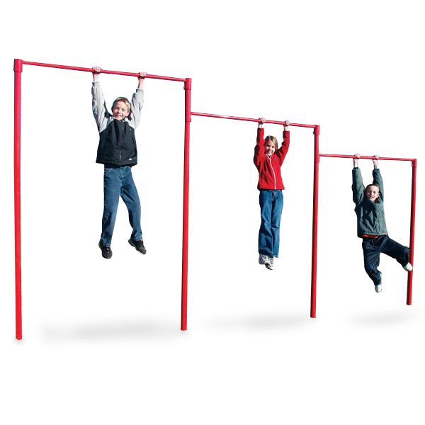 Three children hanging on red horizontal bars of playground climbing equipment promoting fitness and agility development