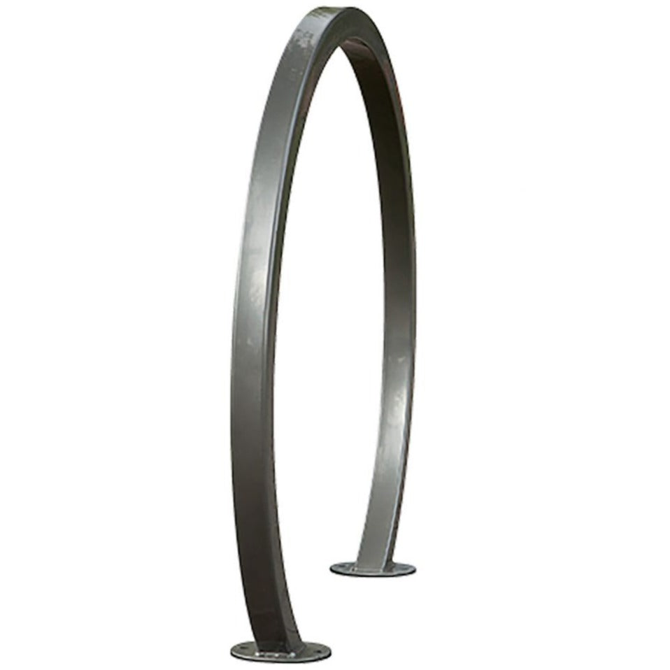 Horizons Bicycle Rack in sleek gray steel with modern hoop design, surface-mounted for bike parking and play.