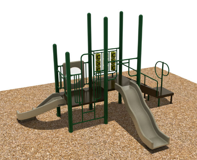 Outdoor playground with two slides, tic tac toe panel, vertical climber, green posts, and wood chip ground surface