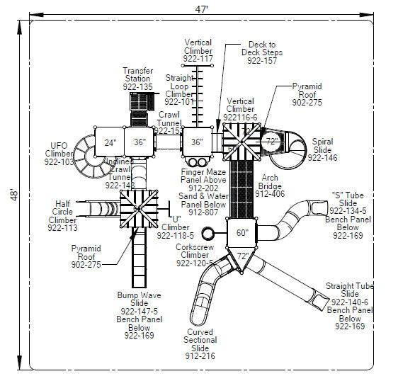 Overhead plan of commercial playground with spiral and tube slides, tunnels, climbers, arch bridge, twin pyramid roofs.